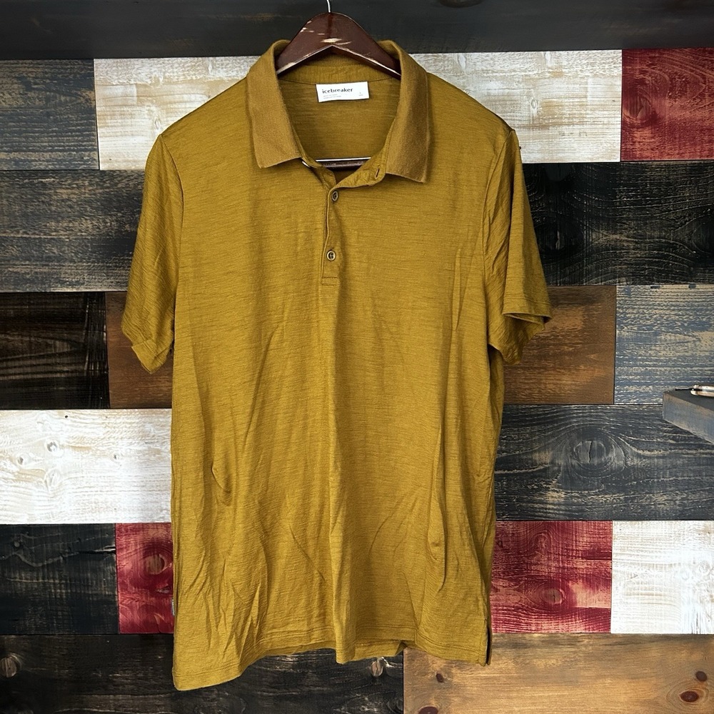 Icebreaker Polo Mens Large Mustard All Wool Short Sleeve Lightweight Stretch